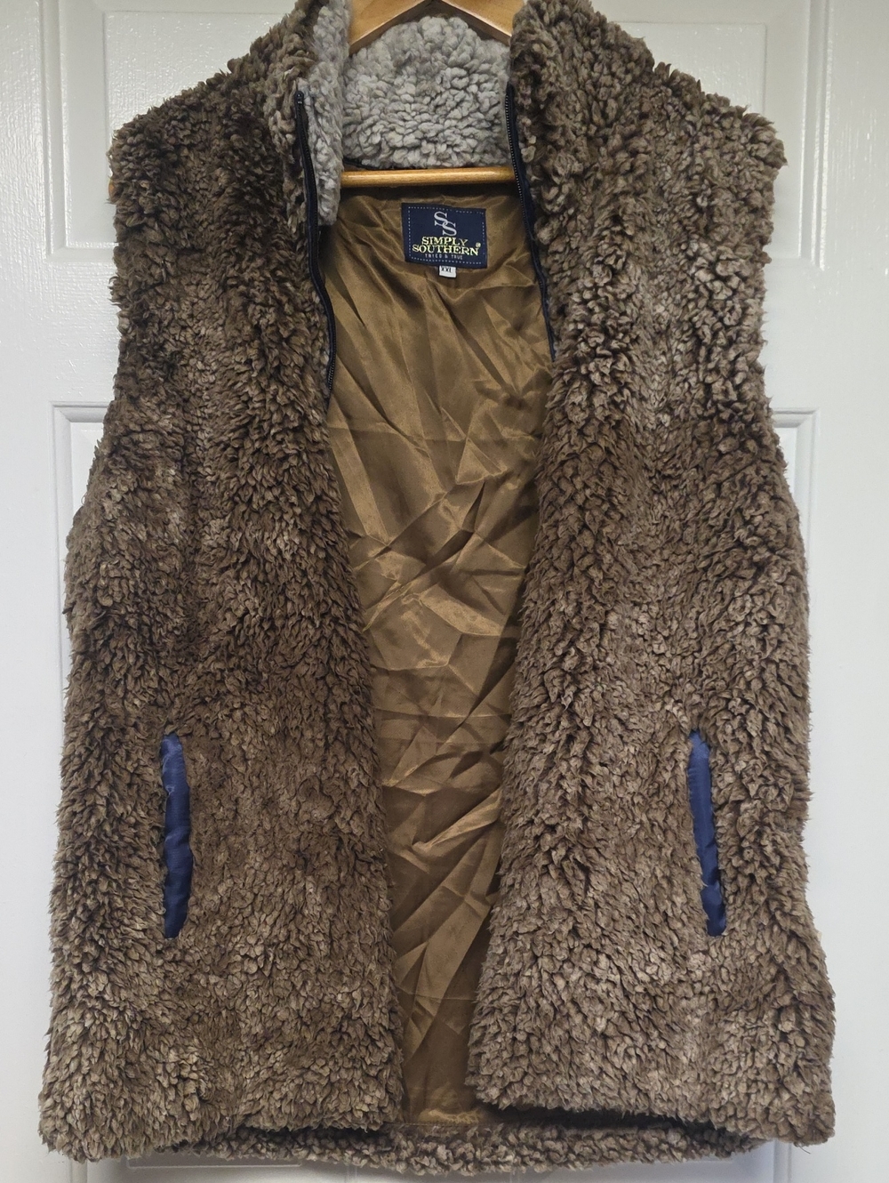 Simply Southern Brown Sherpa-Lined Vest with Navy Trim